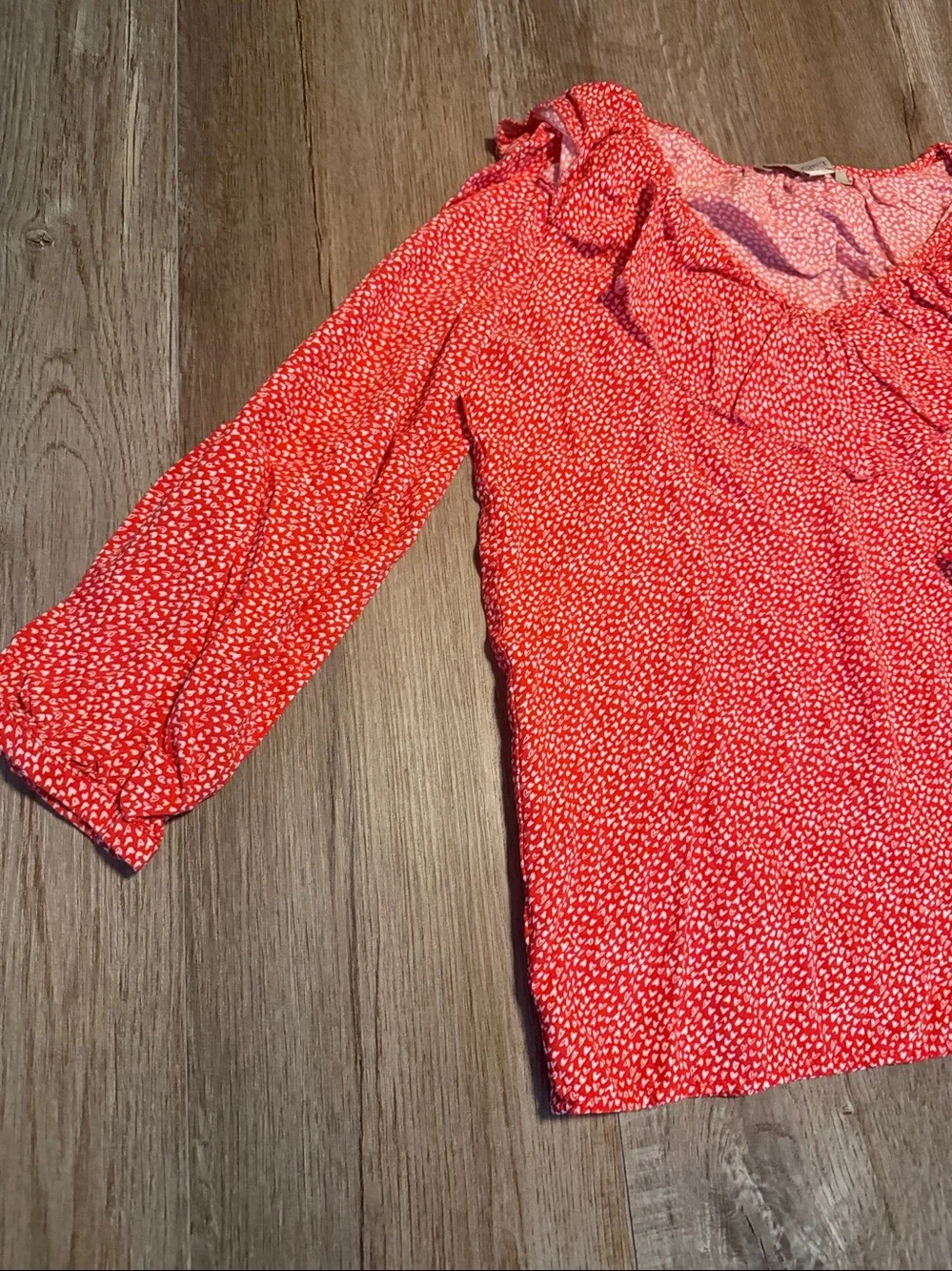LOFT Coral Red Printed Ruffle V-Neck Blouse